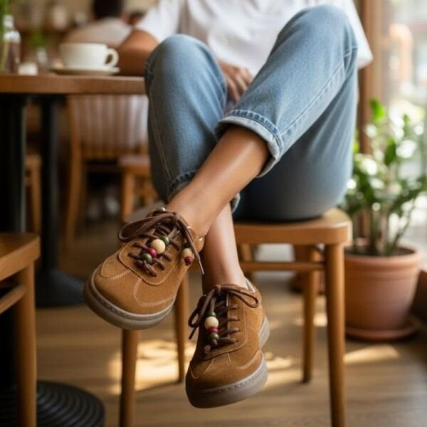 Taba Süet Hakiki Deri Bağcıklı Kadın Günlük Sneaker