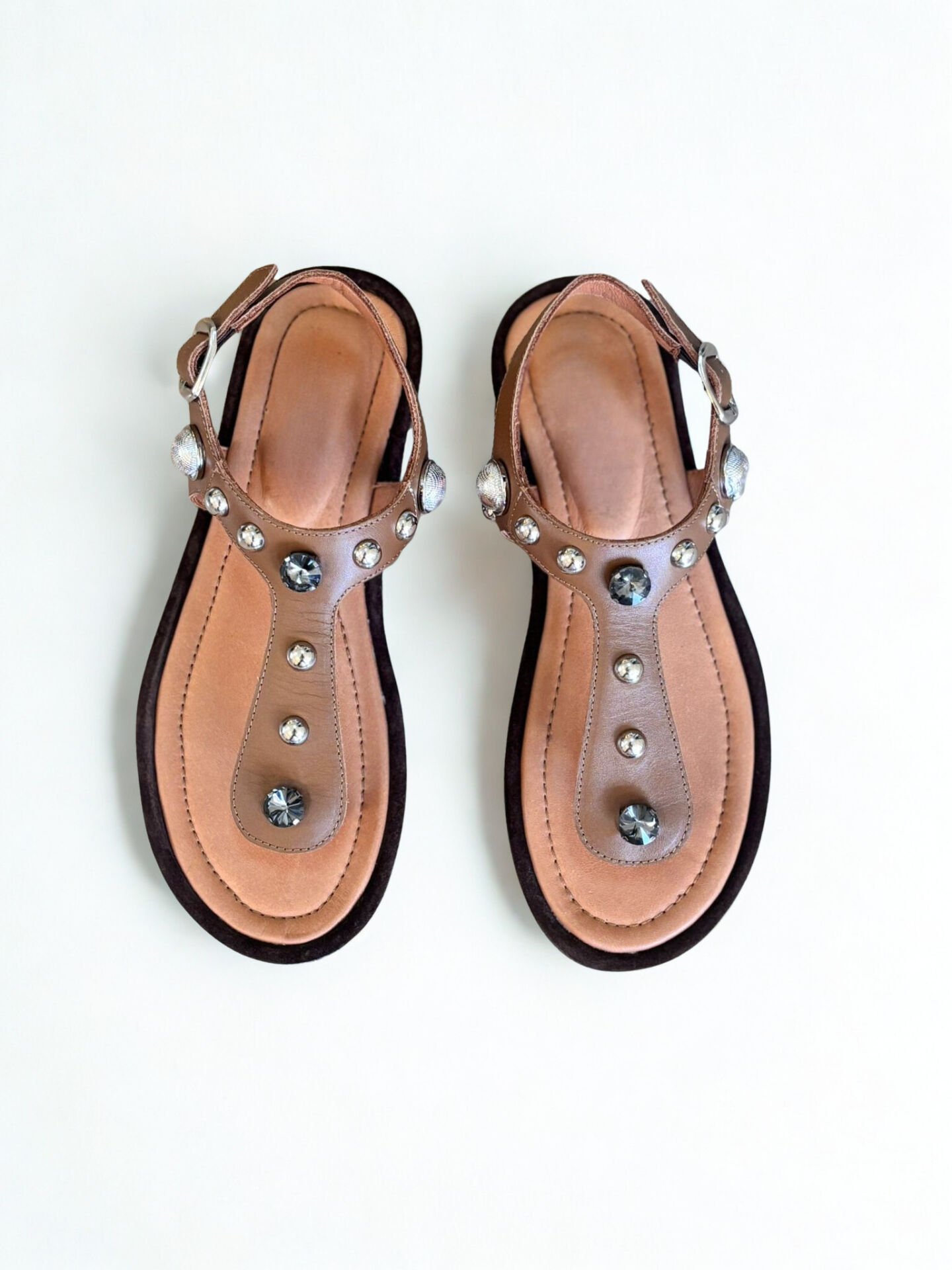 Taba Hakiki Deri Kadın Parmak Arası Taşlı Sandalet