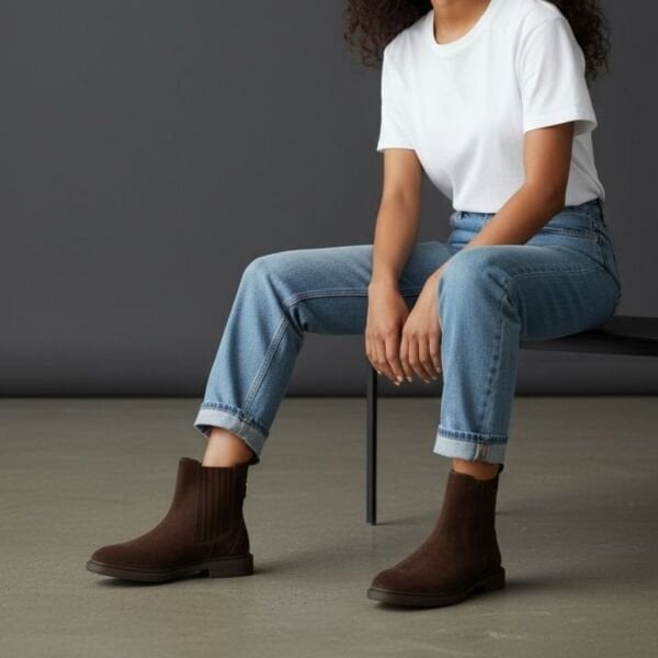 Kahve Süet Hakiki Deri İki Yandan Lastikli Gold Aksesuarlı Kadın Chelsea Bot