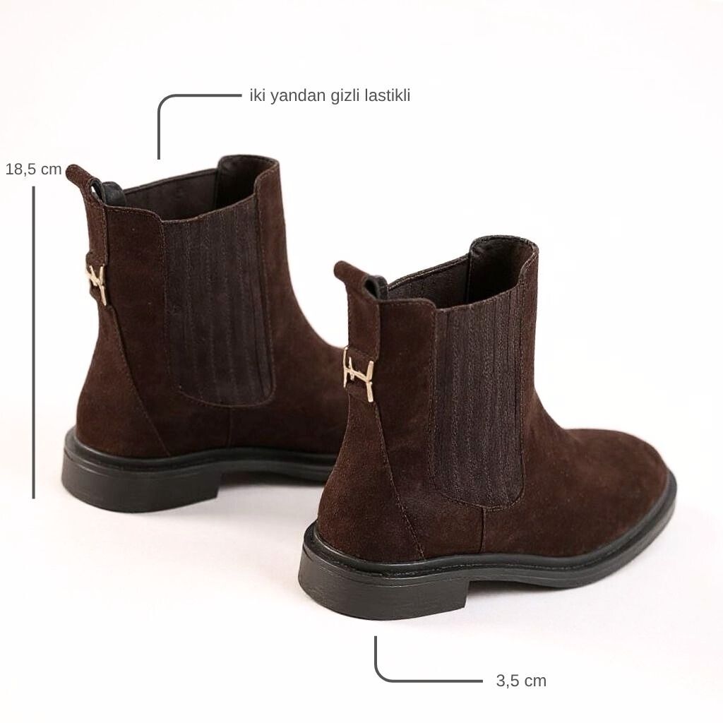 Kahve Süet Hakiki Deri İki Yandan Lastikli Gold Aksesuarlı Kadın Chelsea Bot