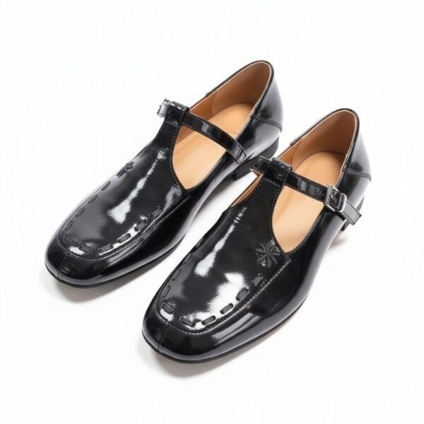 Siyah Rugan Biye Detaylı Kadın Kare Burunlu Babet