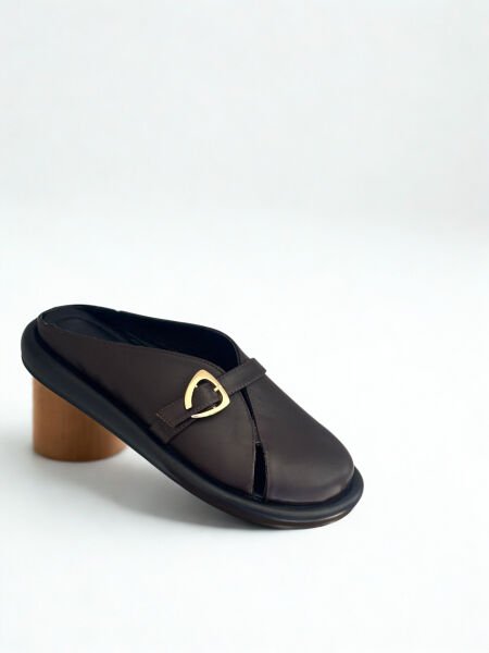 Kahve Hakiki Deri Tokalı Kadın Günlük Rahat Sabo Terlik