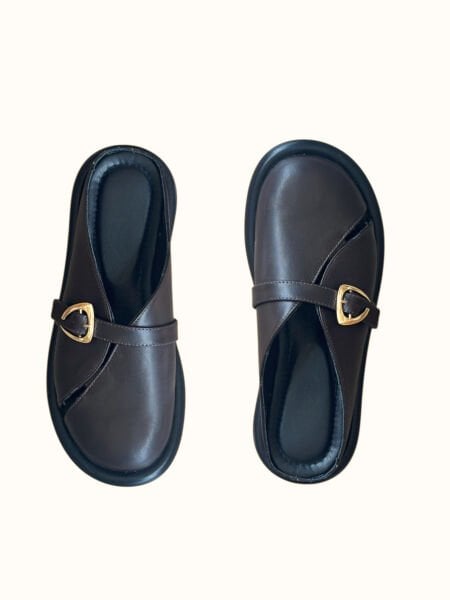 Kahve Hakiki Deri Tokalı Kadın Günlük Rahat Sabo Terlik