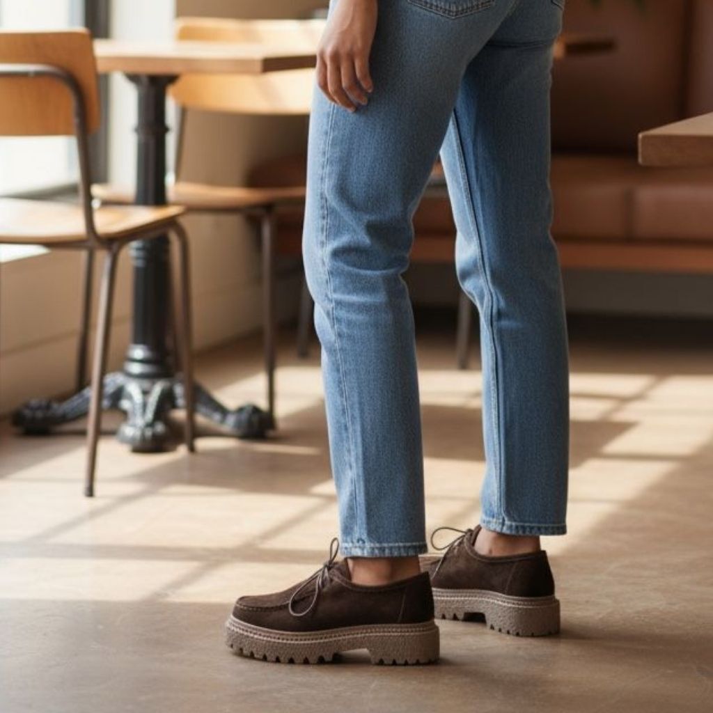 Kahve Süet Hakiki Deri Bağcıklı Kalın Desenli Tabanlı Kadın Günlük Casual Ayakkabı