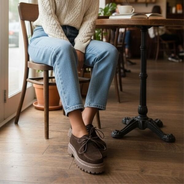 Kahve Süet Hakiki Deri Bağcıklı Kalın Desenli Tabanlı Kadın Günlük Casual Ayakkabı