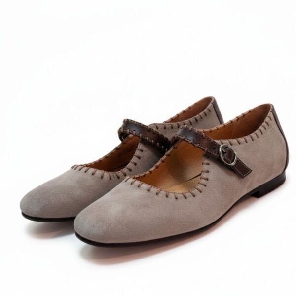 Vizon Süet Kahve Deri Garnili Biye Detaylı Kadın Kare Burun Babet