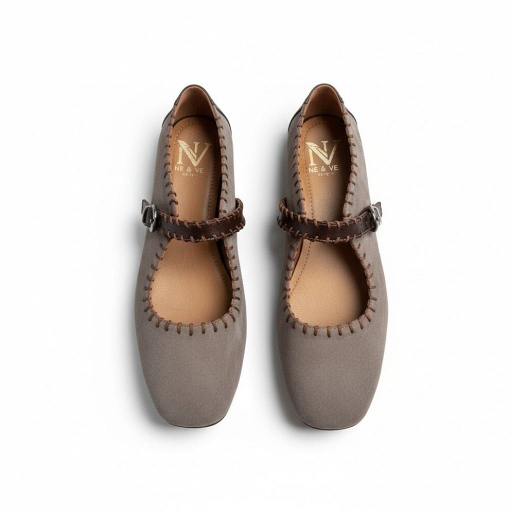 Vizon Süet Kahve Deri Garnili Biye Detaylı Kadın Kare Burun Babet