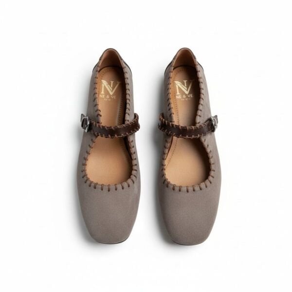 Vizon Süet Kahve Deri Garnili Biye Detaylı Kadın Kare Burun Babet