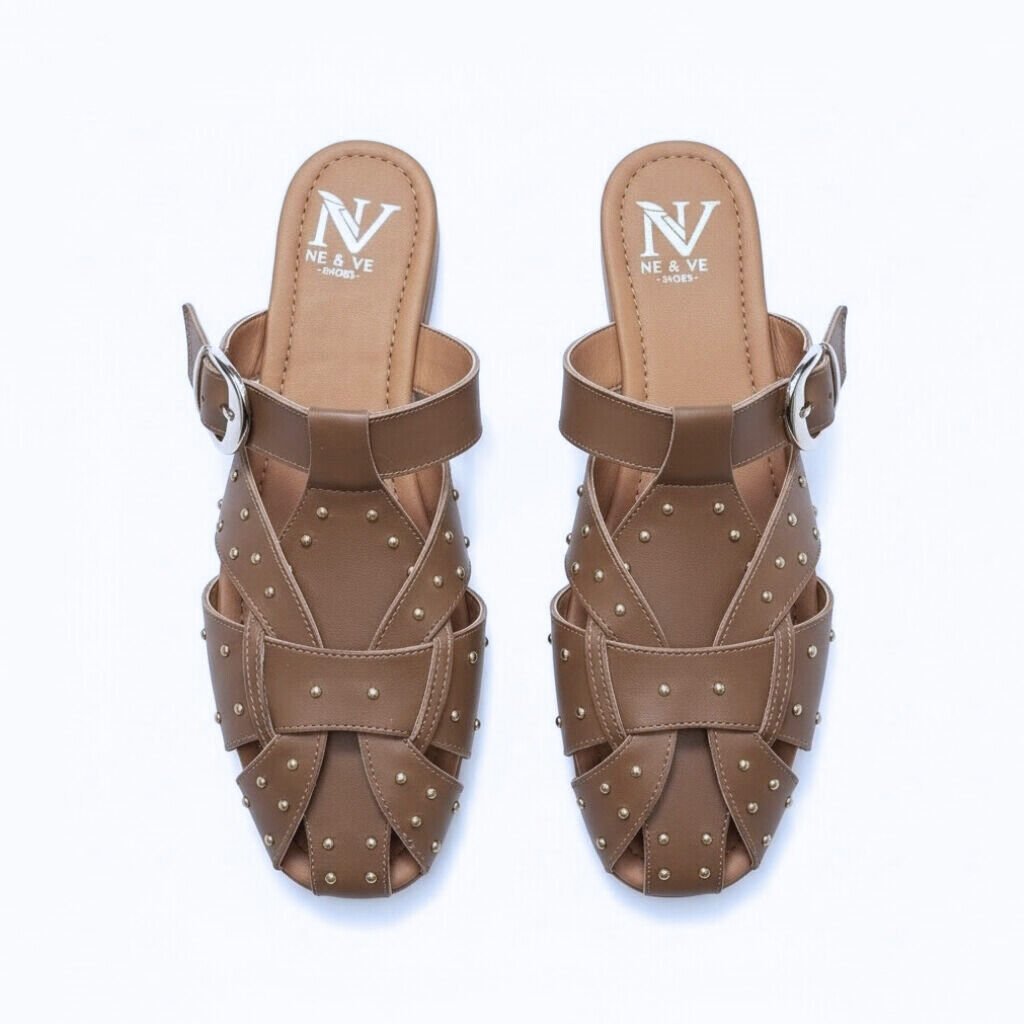 Camel Hakiki Deri Pim Detaylı ve Tokalı Kadın Kare Burun Sabo Terlik