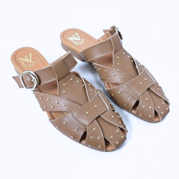 Camel Hakiki Deri Pim Detaylı ve Tokalı Kadın Kare Burun Sabo Terlik