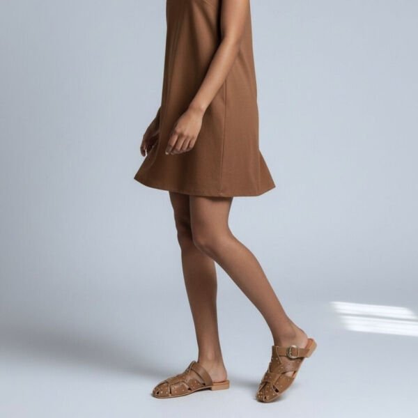 Camel Hakiki Deri Pim Detaylı ve Tokalı Kadın Kare Burun Sabo Terlik