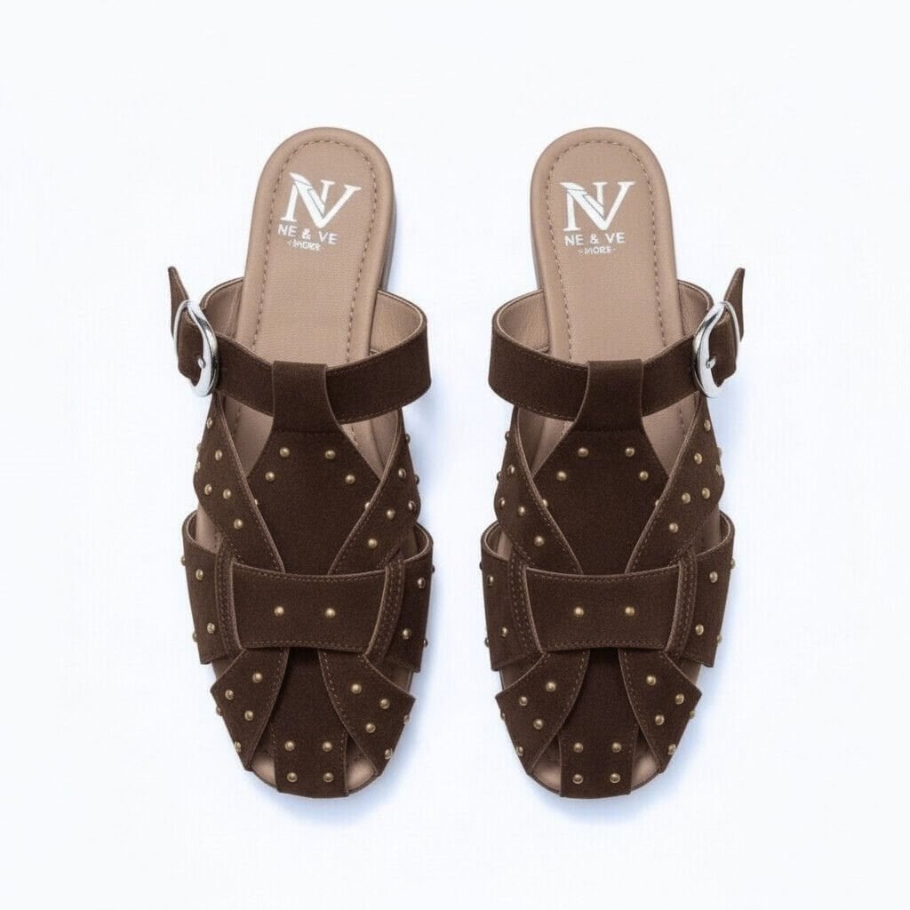 Camel Hakiki Deri Pim Detaylı ve Tokalı Kadın Kare Burun Sabo Terlik KAHVE SÜET - 38