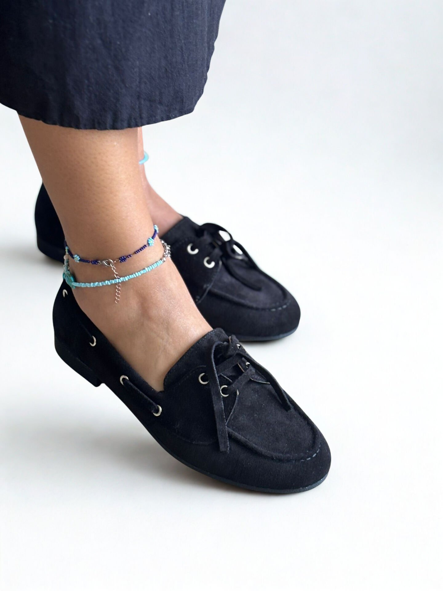 Siyah Süet Hakiki Deri Bağcıklı Makosen Kadın Kolej Loafer