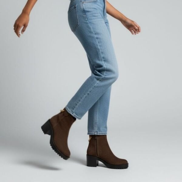 Kahve Süet Hakiki Deri Gold Zincir Detaylı Kadın Kalın Topuklu Bot