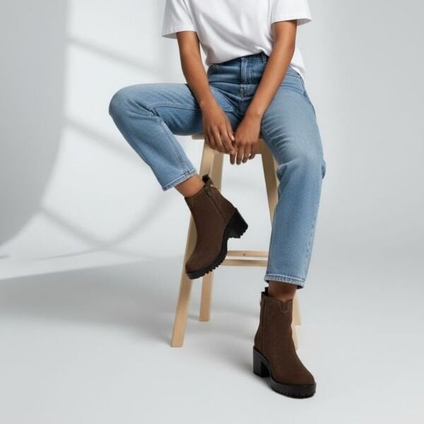 Kahve Süet Hakiki Deri Gold Zincir Detaylı Kadın Kalın Topuklu Bot