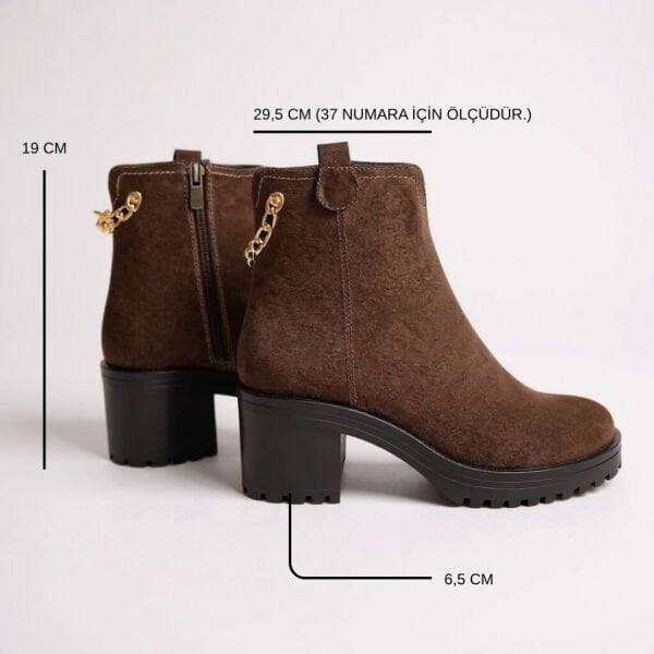 Kahve Süet Hakiki Deri Gold Zincir Detaylı Kadın Kalın Topuklu Bot