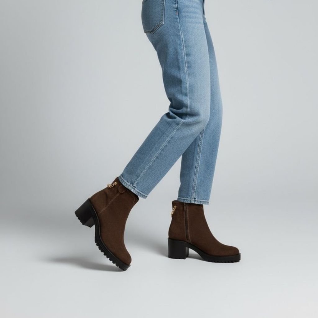 Kahve Süet Hakiki Deri Gold Zincir Detaylı Kadın Kalın Topuklu Bot