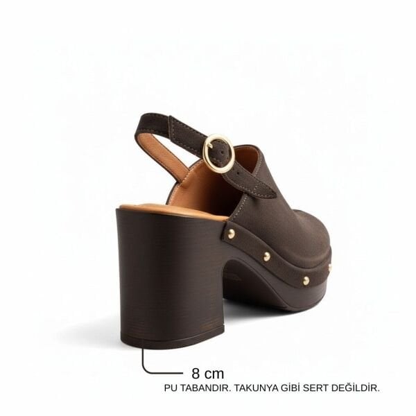 Kahve Deri Biye Detaylı Hafif Tabanlı Kadın Takunya Terlik