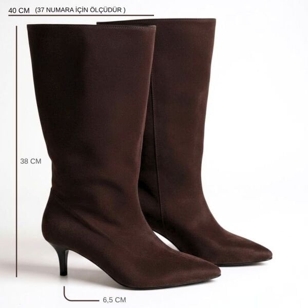Kahve Süet Hakiki Deri Körüklü Kadın Sivri Burun Çizme
