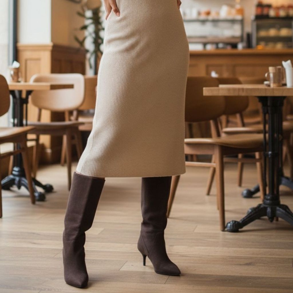 Kahve Süet Hakiki Deri Körüklü Kadın Sivri Burun Çizme