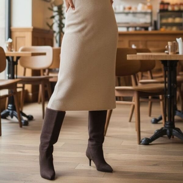 Kahve Süet Hakiki Deri Körüklü Kadın Sivri Burun Çizme