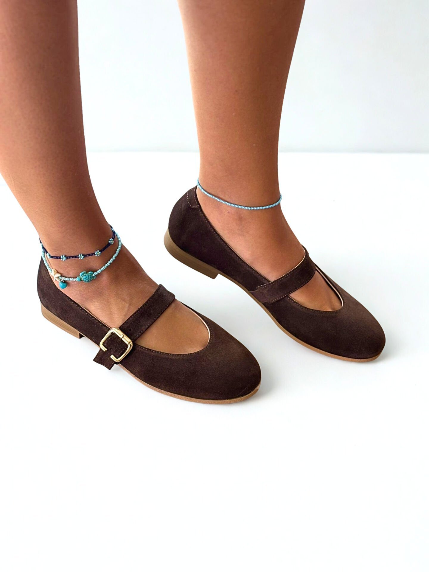 Kahve Süet Hakiki Deri Yuvarlak Burunlu Tokalı Kadın Babet