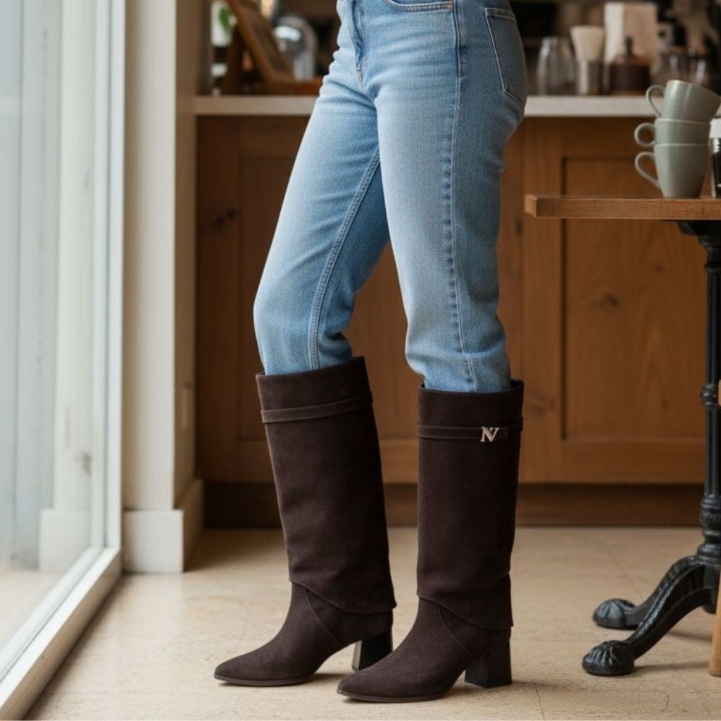 Kahve Süet Hakiki Deri Gold Aksesuarlı Yakalı Kadın Kalın Topuklu Çizme