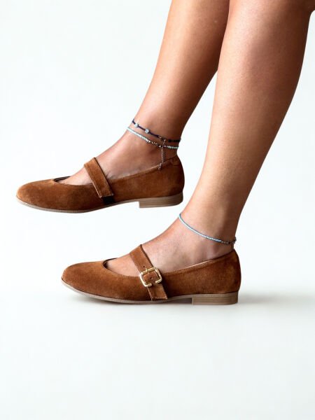 Taba Süet Hakiki Deri Yuvarlak Burunlu Tokalı Kadın Babet