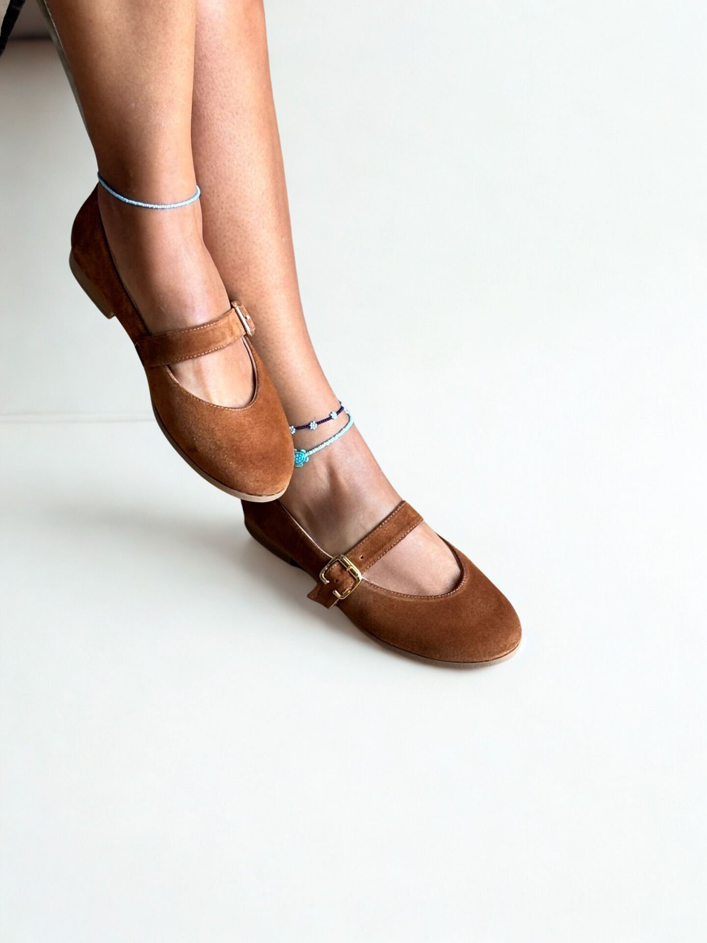 Taba Süet Hakiki Deri Yuvarlak Burunlu Tokalı Kadın Babet