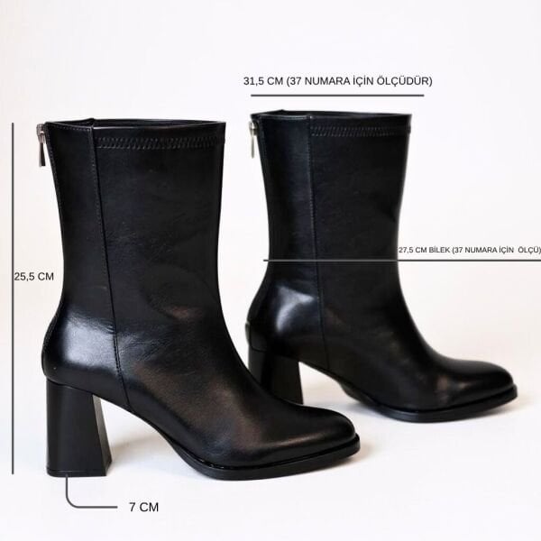 Siyah Deri Kalın Topuklu Arkada Fermuarlı Kadın Bot