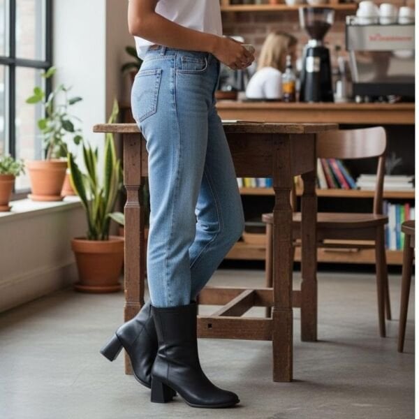 Siyah Deri Kalın Topuklu Arkada Fermuarlı Kadın Bot