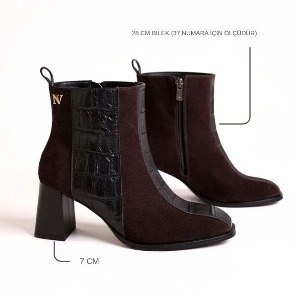 Kahve Süet Hakiki Deri Kroko Garnili Kadın Kalın Topuklu Şık ve Rahat Bot