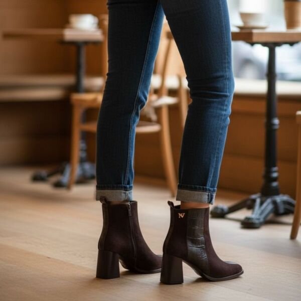 Kahve Süet Hakiki Deri Kroko Garnili Kadın Kalın Topuklu Şık ve Rahat Bot