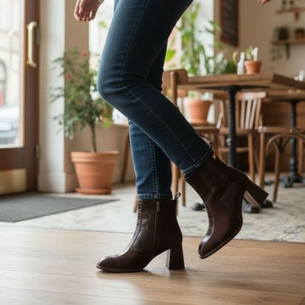 Kahve Süet Hakiki Deri Kroko Garnili Kadın Kalın Topuklu Şık ve Rahat Bot