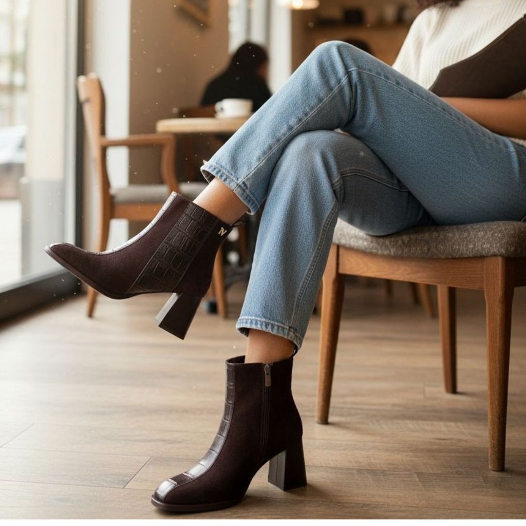 Kahve Süet Hakiki Deri Kroko Garnili Kadın Kalın Topuklu Şık ve Rahat Bot