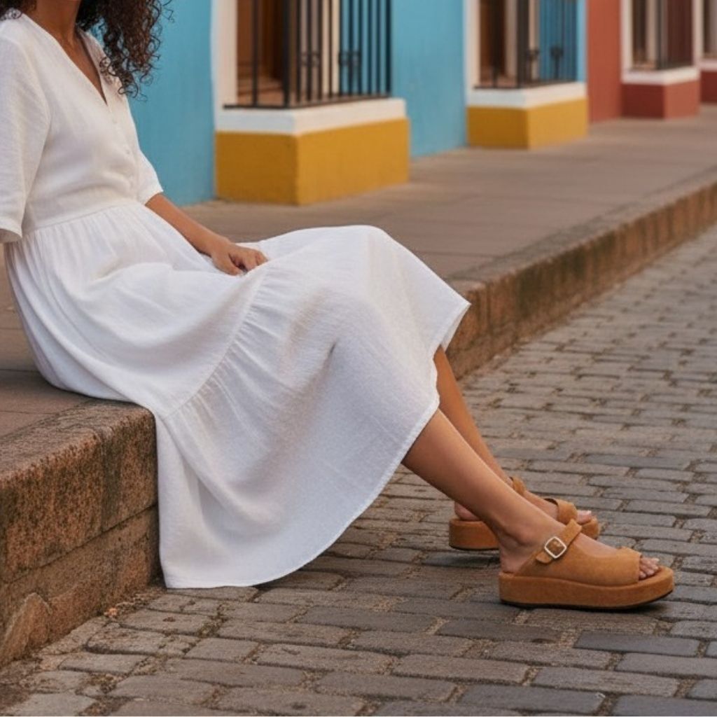 Taba Süet Hakiki Deri Tokalı Kadın Kalın Kaplama Tabanlı Sandalet Terlik