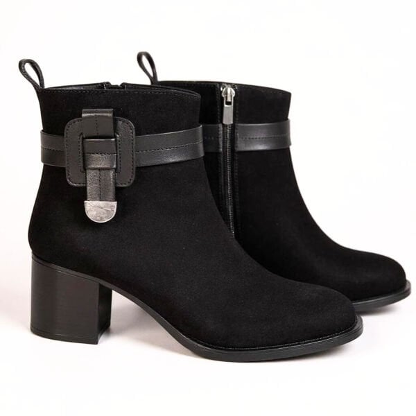 Siyah Süet Hakiki Deri Tokalı Kalın Topuklu Kadın Günlük Bot
