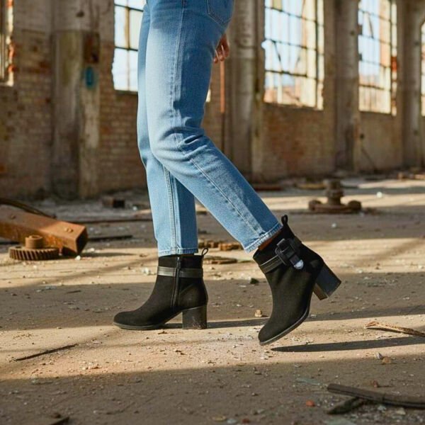 Siyah Süet Hakiki Deri Tokalı Kalın Topuklu Kadın Günlük Bot