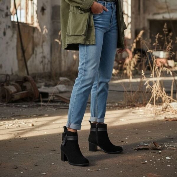 Siyah Süet Hakiki Deri Tokalı Kalın Topuklu Kadın Günlük Bot