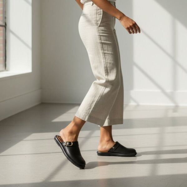 Siyah Hakiki Deri İğne Zamba Detaylı Tokalı Kadın Sabo Terlik