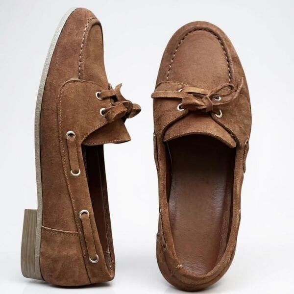 Taba Süet Hakiki Deri Bağcıklı Makosen Kadın Kolej Loafer